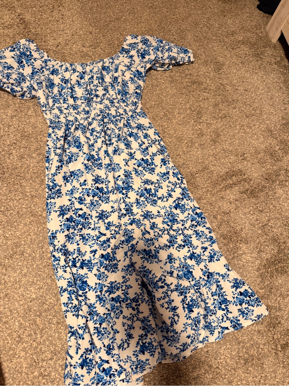 Blue Floral Puff-Sleeve Womens  Dress - White & Blue